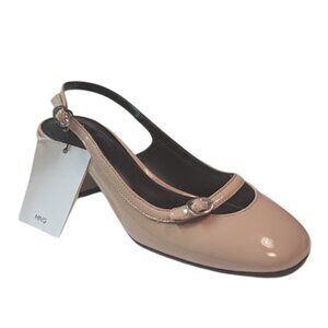 MNG Mango Beige Faux Patent Leather Block Heel Shoes w/Buckle Strap Size 38 NWOB